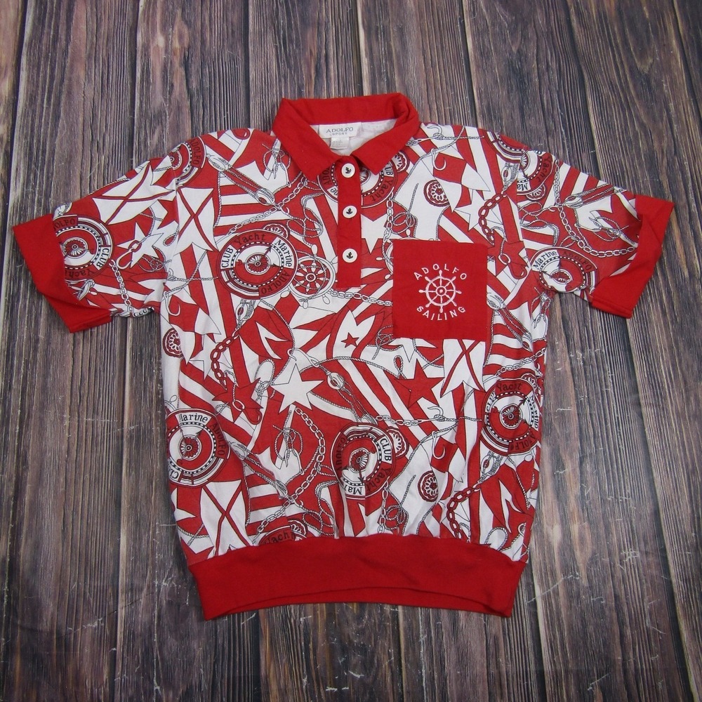 Adolfo Sport Polo Womens L Red Nautical Ringer Allover Print Granny Core